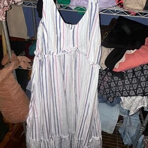 Striped Sleeveless Sundress - White with Blue & Pink Stripes